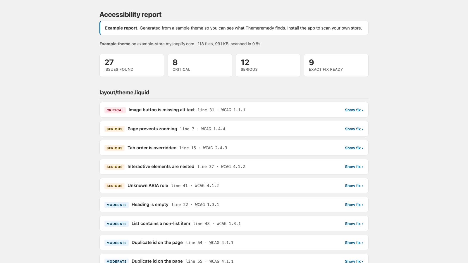 Summary cards showing 27 issues found, 8 critical, 12 serious, and 9 fixes ready to apply.