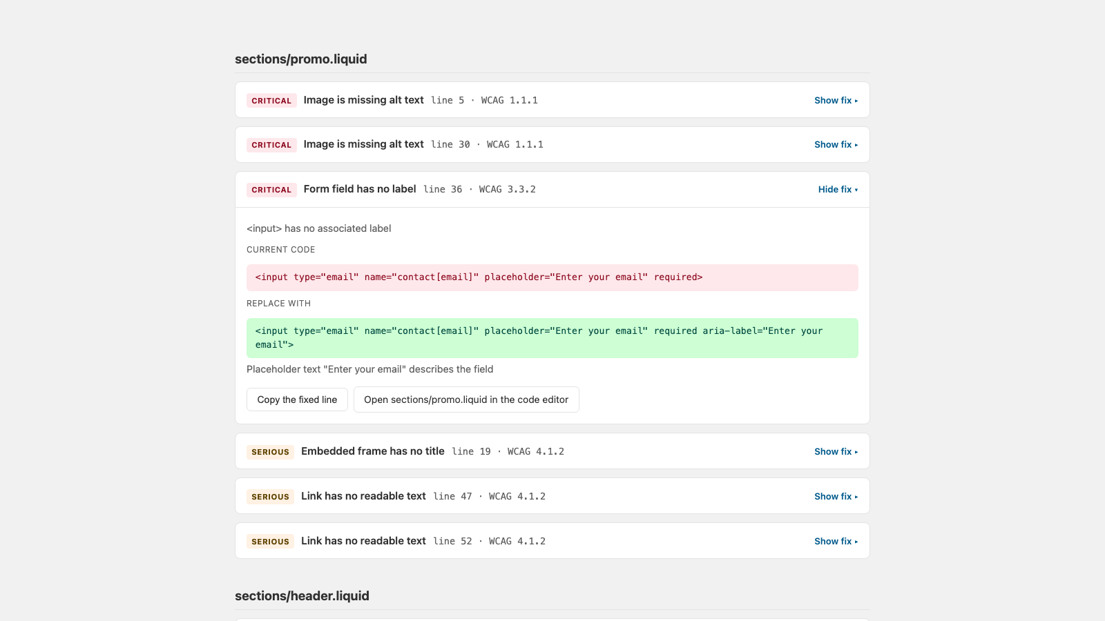 A finding expanded to show the current code and the replacement code side by side, with copy and open-in-editor buttons.