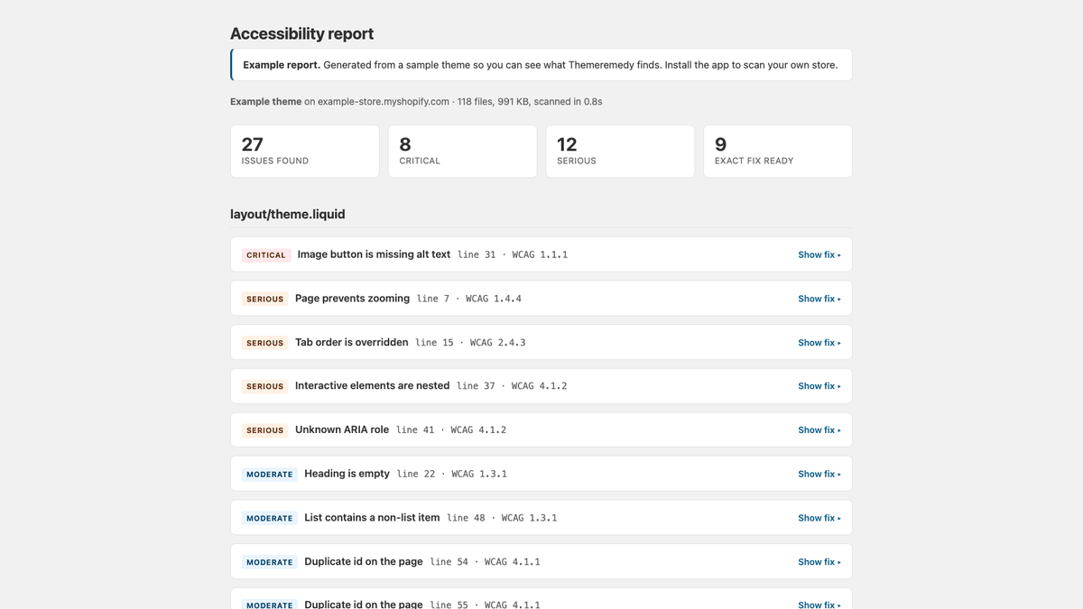 A short screen recording: the report loads with its summary counts, a finding is expanded to reveal the replacement code, and the copy button is used.